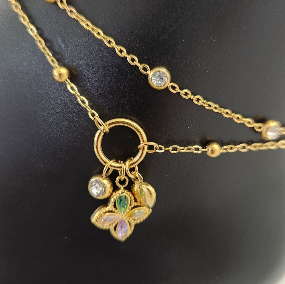 Gold Double Chain Anklet Dainty Crystals Butterfly Heart Charm Ankle Bracelet - Picture 4 of 14